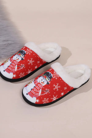 Red faux fur lined slippers with snowman and snowflake print