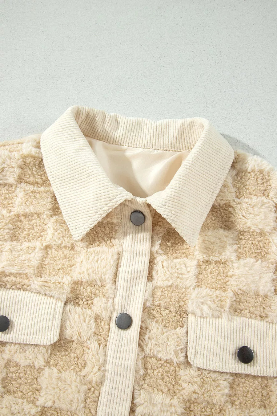 shacket featuring checked in tan with Shell: 100% polyester, Lining: 100% polyester Care instructions: Machine wash co