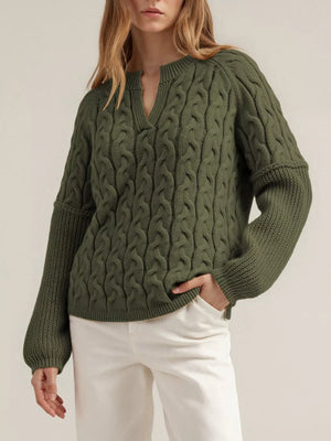 100% polyester Care instructions: Machine wash cold pullover sweater in Army Green with relaxed silhouette