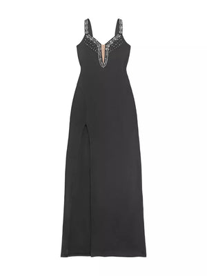 maxi dress in Black with deep v-neck and spaghetti strap