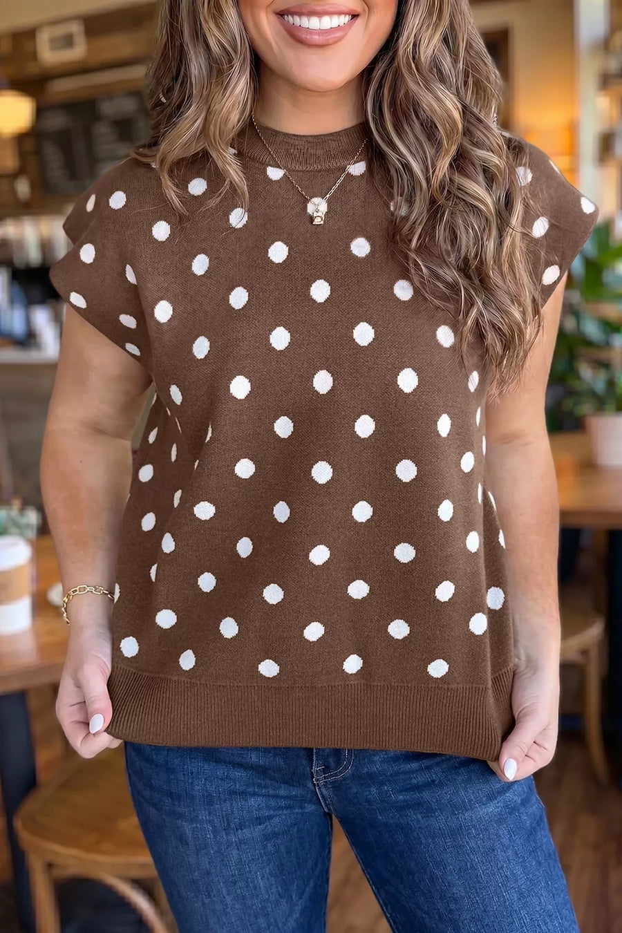 Dark Brown with Dolman Sleeve Polka Dot Sweater