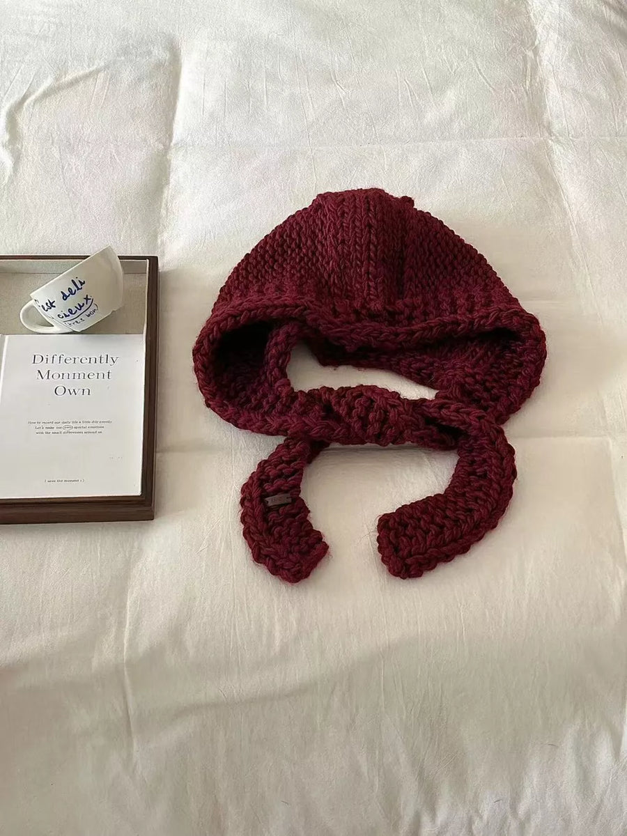 Wine Red chunky knit wool earflap beanie with ties.