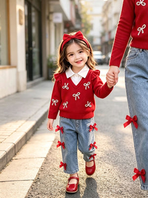 red pullover sweater with bows and v-neck