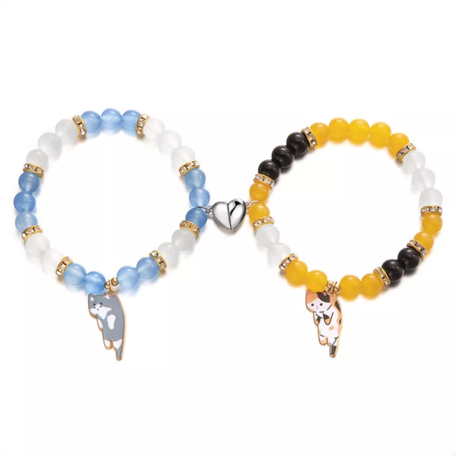 2 Piece 18k Gold-plated Beaded Cat Charm Bracelet in gold with beaded