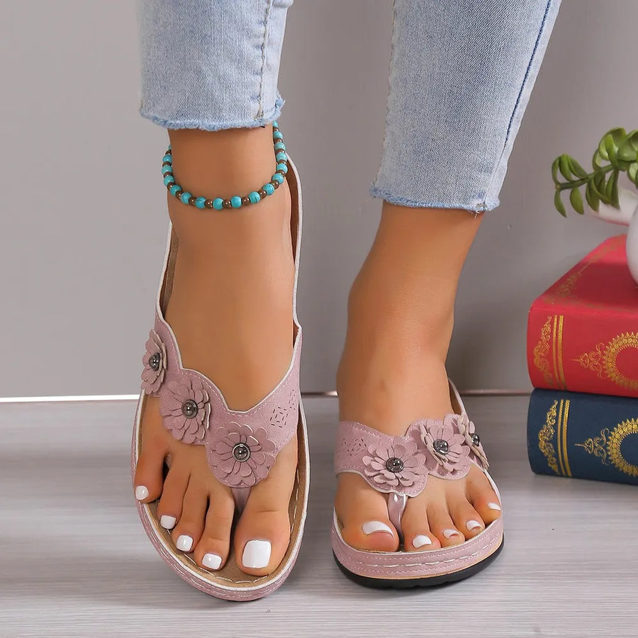 Dusty Pink Petals & Post Sandals with floral embellishments and beaded anklet.