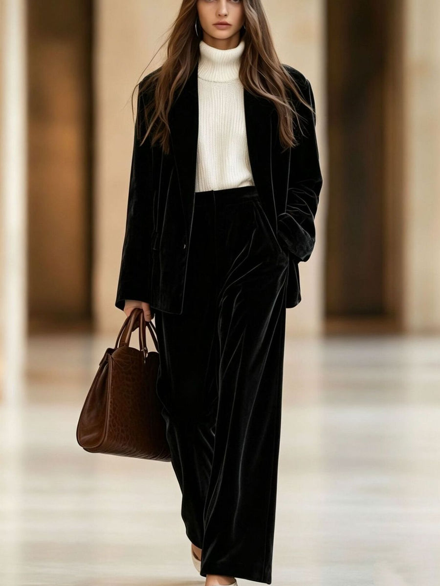 cognac blazer with wide-leg pants and long sleeve