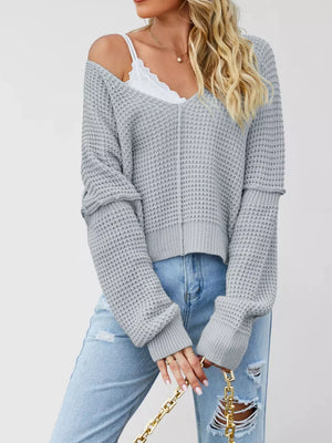 light grey pullover sweater with waffle-knit and v-neck