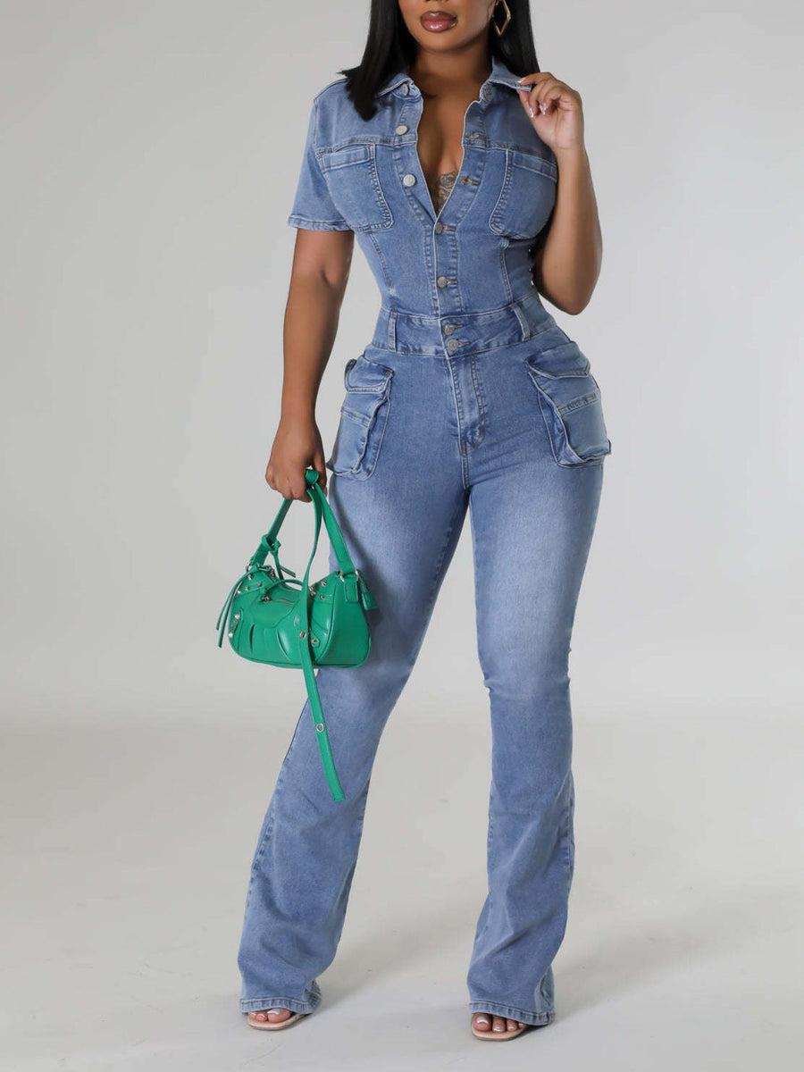 Cotton and spandex denim containing at least 90% but less than 95% cotton jumpsuit in light blue with flared silhouette
