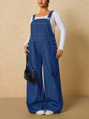 dark blue overalls with pocketed and sleeveless