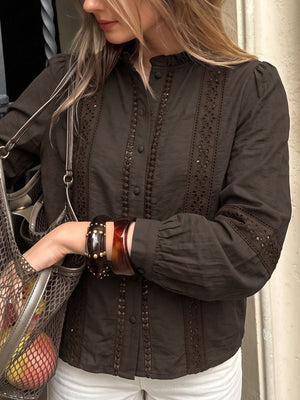 Coffee Brown blouse featuring buttoned and eyelet