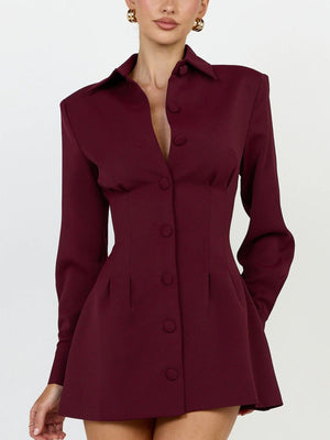 Corset-Style Button-Down Blazer Dress in dark brown with buttoned