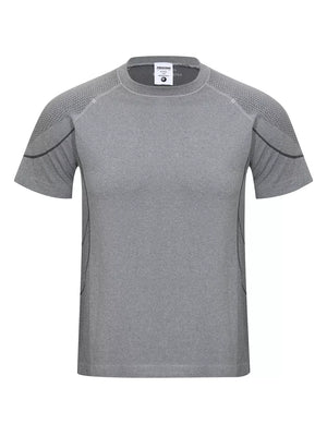 heather gray t-shirt with geometric and crew neck