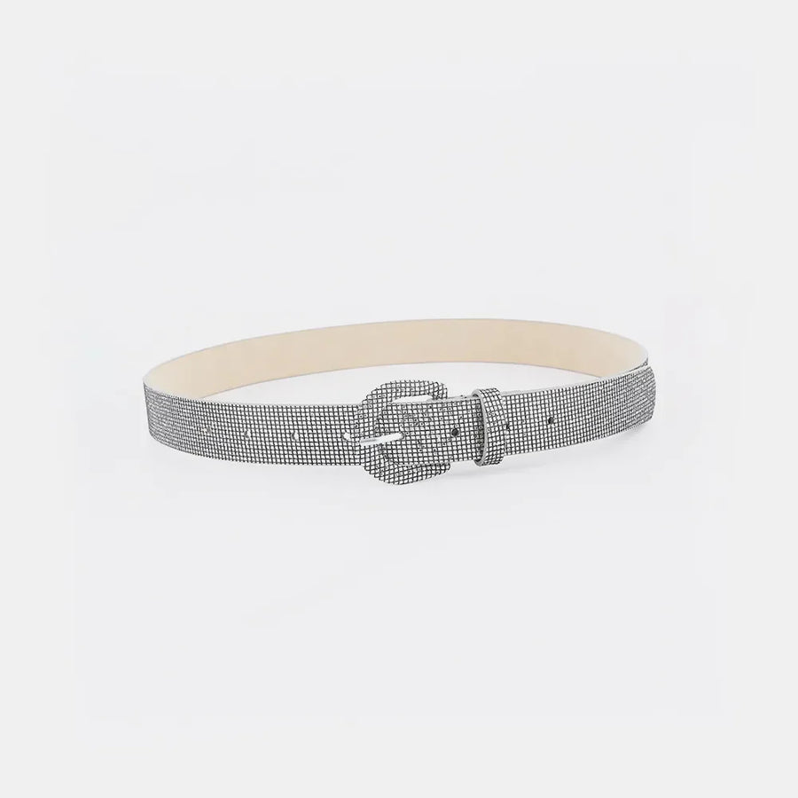 Silver micro-studded belt with a square buckle and light gray backing.