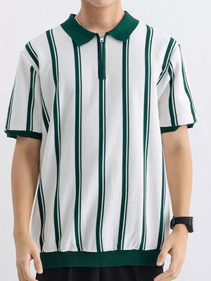 Men's white cotton polo with green vertical stripes and quarter-zip neckline.