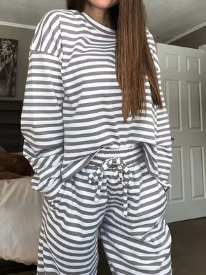 white pajama set with striped and crew neck