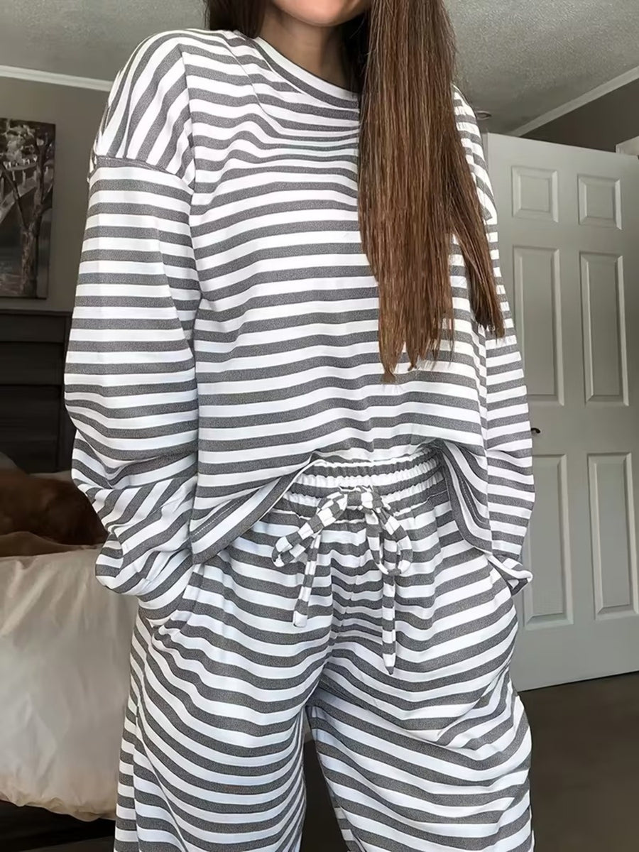 white pajama set with striped and crew neck
