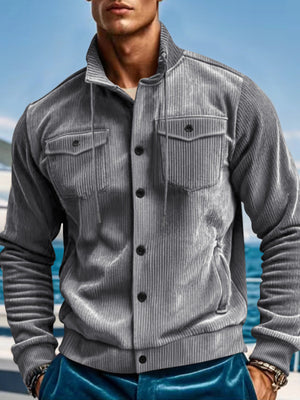 Gray corduroy bomber jacket with two chest pockets and button closure