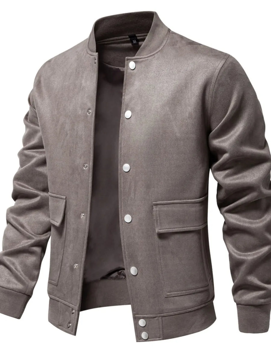 Taupe suede-effect bomber jacket with snap closure and chest pockets.