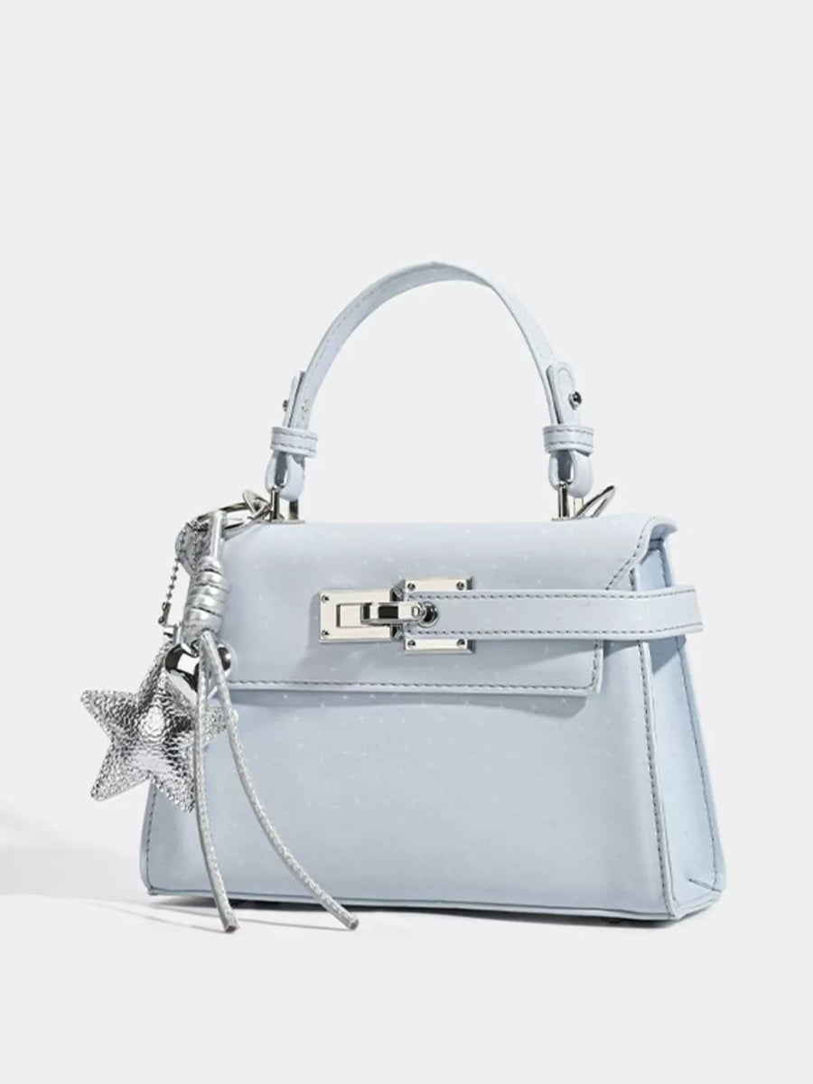 Chic mini pu leather tote in blue with silver buckle and star charm