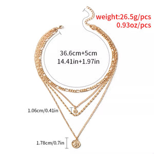 Gold layered coin pendant necklace with multiple chain styles and coin charms.