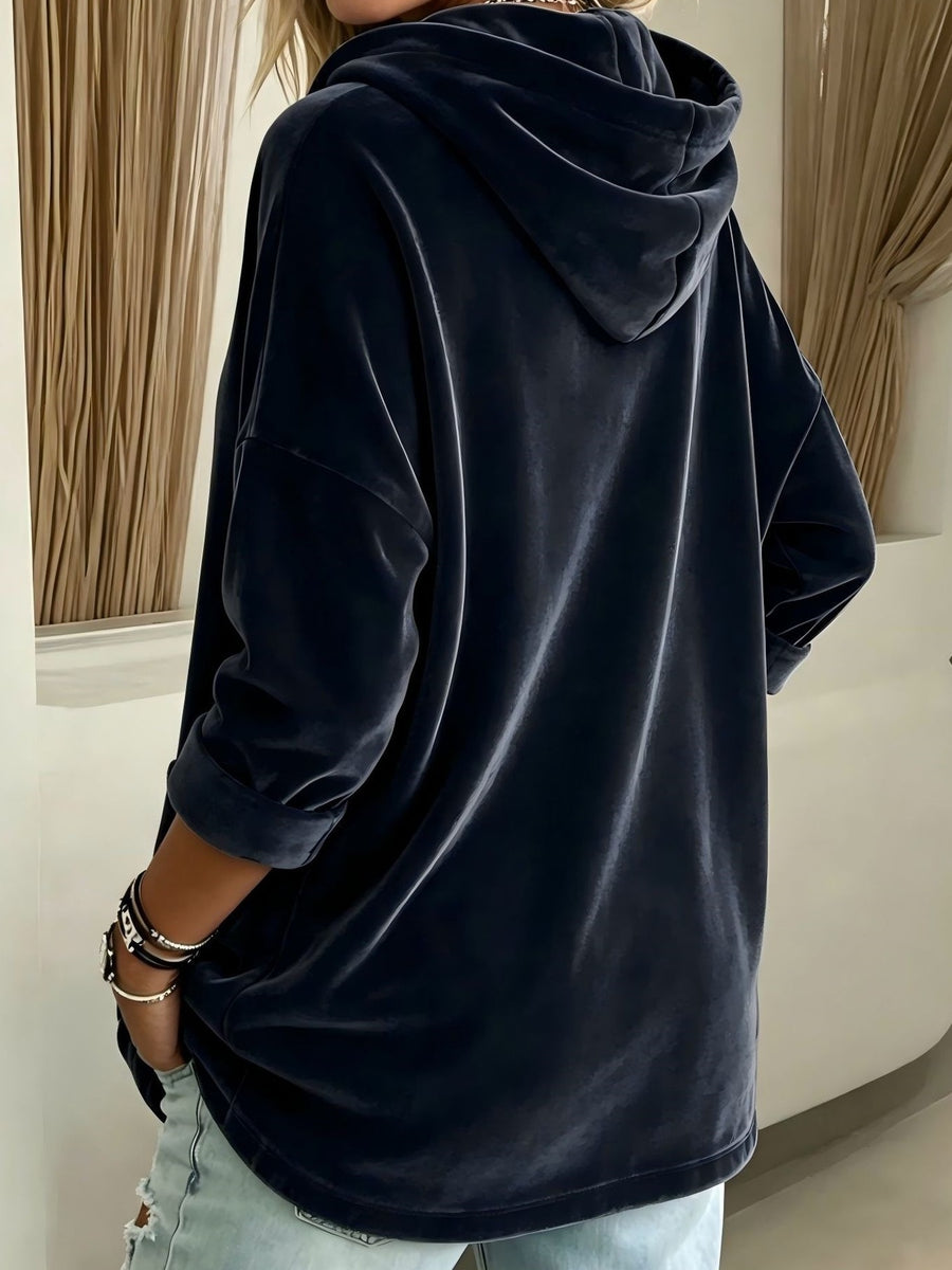 Purple pullover hoodie with hip-length and pullover