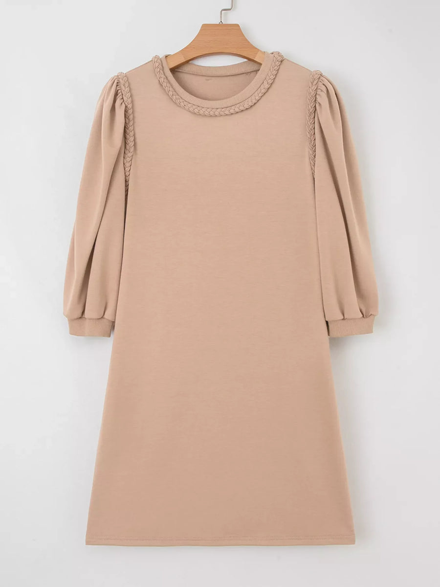 Braided puff sleeve khaki dress with crew neck and cuffed sleeves.