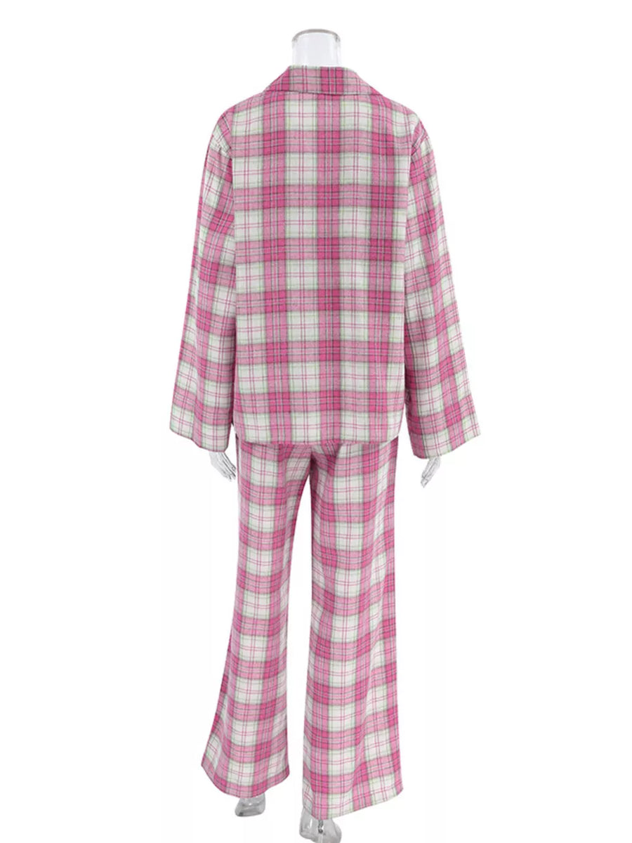 pink pajama set with hip-length, full-length and button-front, elastic