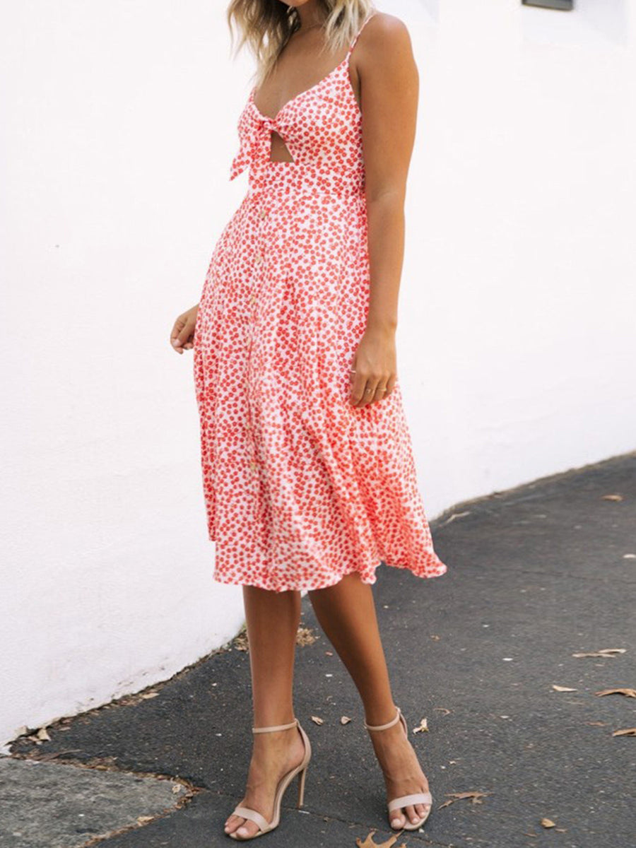 Red floral midi sundress with bow front and button detail