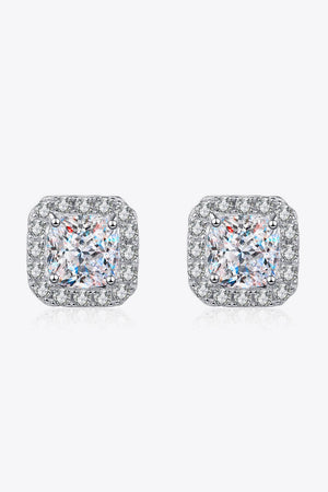 Silver square halo moissanite stud earrings with a cushion-cut center stone.