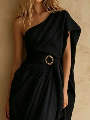 resort maxi dress in Tan with one-shoulder