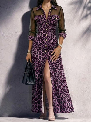maxi dress in Khaki with leopard and buttoned