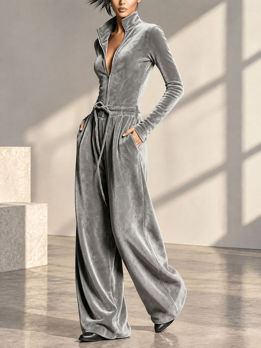 Gray jumpsuit featuring drawstring and geometric-print