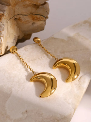 Gold celestial crescent drop earrings with chain detail