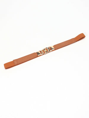 Ochre faux leather belt with gold chain detail and elastic back