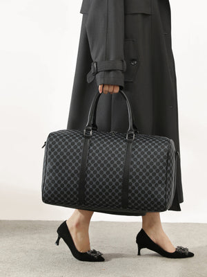 slate gray duffel bag featuring top handles and geometric