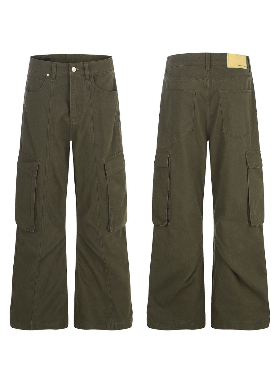 Army Green cargo pants with full-length and button-front, zip-front