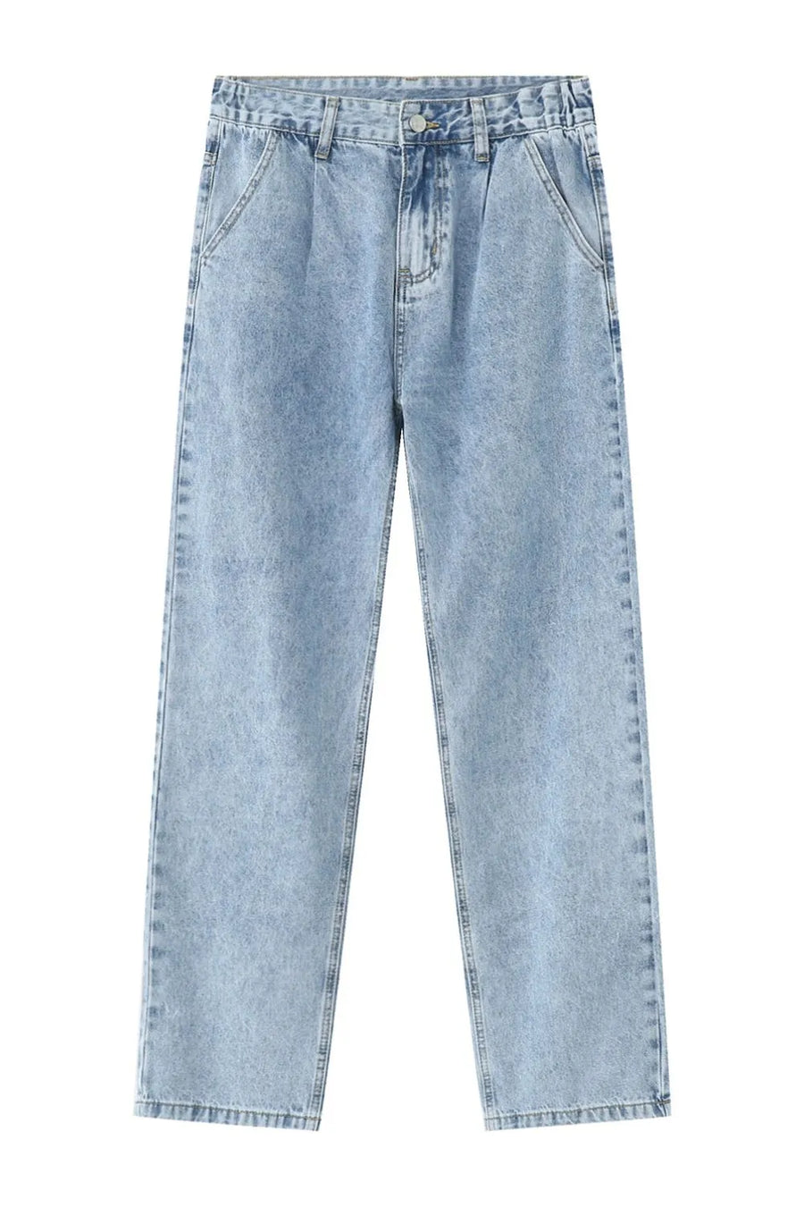 Medium wash denim wide-leg trousers with pleats and front pockets.
