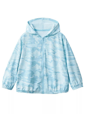 Lightweight hooded jacket in pastel blue camouflage with a zip front.