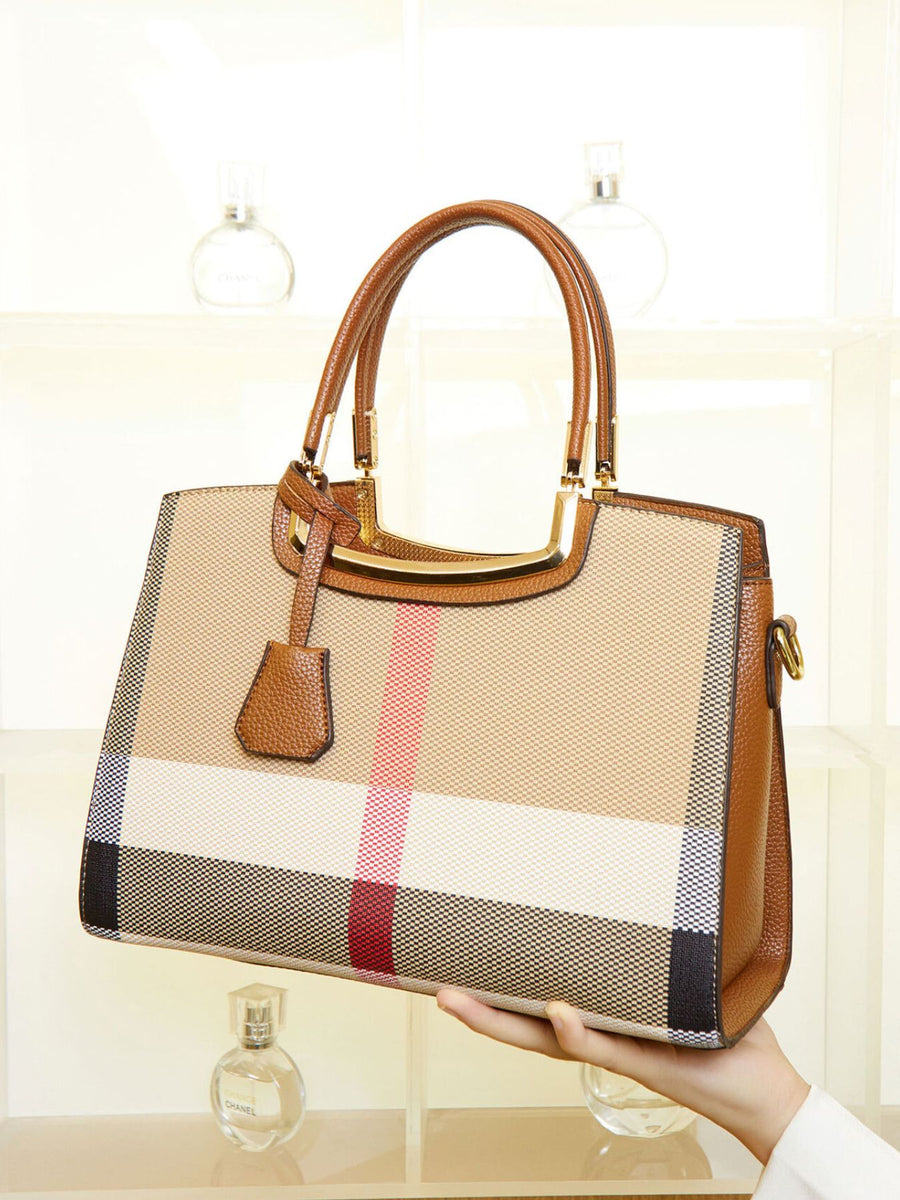 handbag featuring plaid in black with PU Leather Imported Size & texture