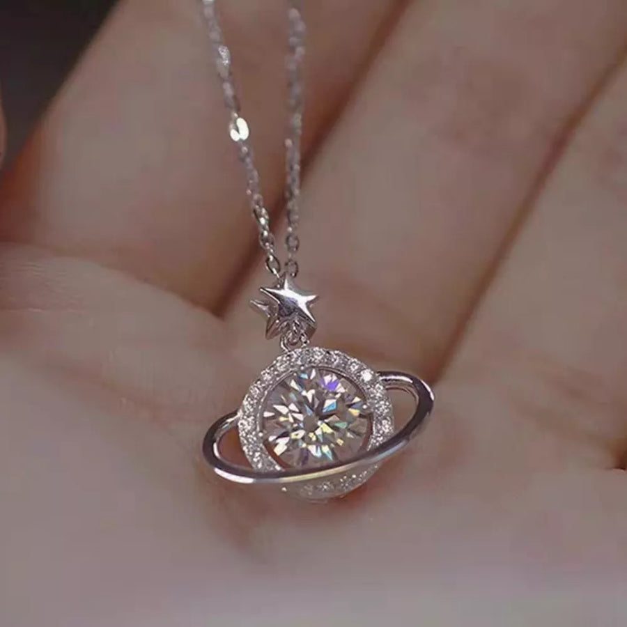 925 sterling silver,Moissanite Carat weight: 1ct Care instructions: Avoid wearin necklace in clear with delicate silhouette
