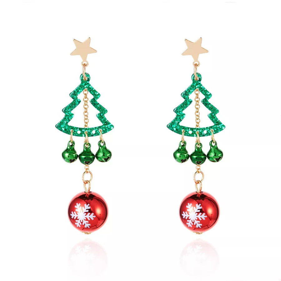 earrings featuring Christmas tree and snowflake motif in cherry red with 18K Gold-Plated, Zinc alloy, Stainless Steel Care
