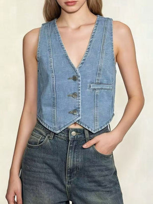 Light blue denim vest with V-neck, button front, and chest pocket.