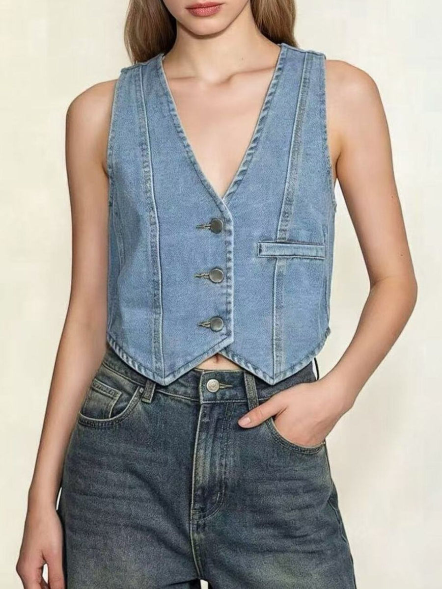 Light blue denim vest with V-neck, button front, and chest pocket.