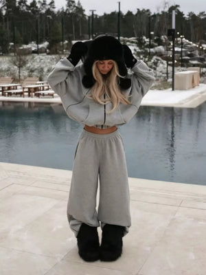 lounge set in white with contrast stitching and cropped
