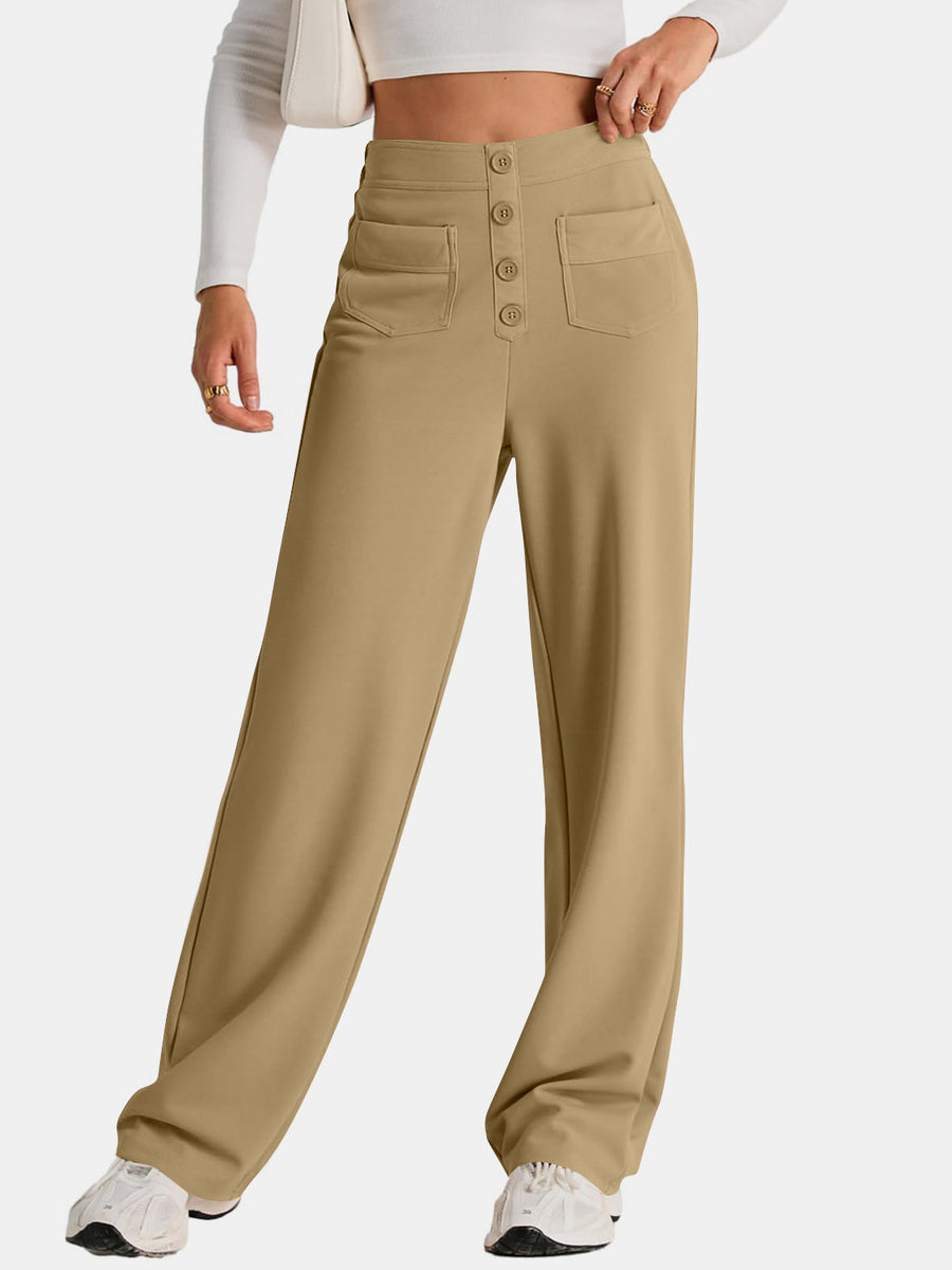 Button-front palazzo trousers in camel with patch pockets and a high waist.