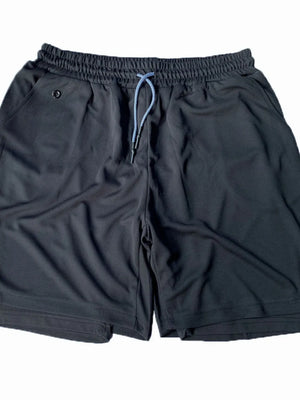 Black dual-layered performance shorts with drawstring and phone pocket detail.