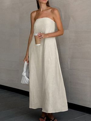 Beige smocked tube dress with zipper, a-line, cotton, maxi length, casual style.