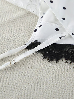 Polka Dot Lace Trim Cami Cardigan Shorts Set in White with lace detail