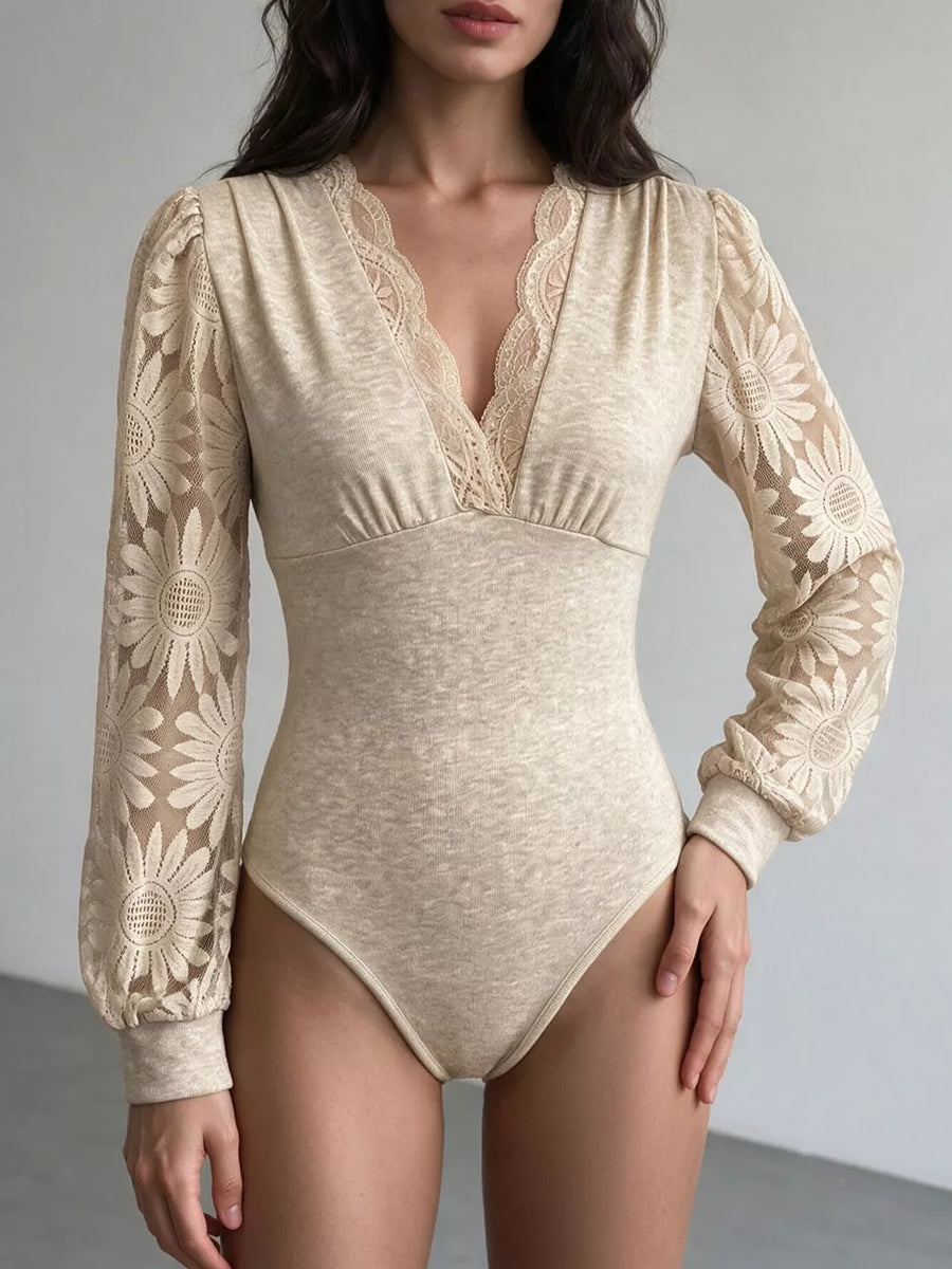 Apricot bodysuit featuring lace and floral