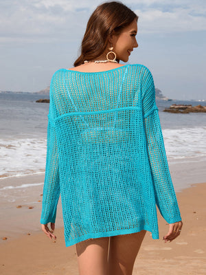 Aqua open-knit beach sweater with boat neck and long sleeves, acrylic.
